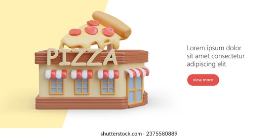 Model of pizza house. Web poster with online pizzeria cooking and selling pizza. Store in cartoon style. Vector illustration with place for text and red button