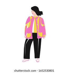 Model plus size. Beautiful young woman in bright clothes. Cartoon flat style vector illustration. Happy and smiling plus size, chubby, curvy girl. Body positive.