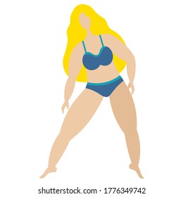 Model plus size. The blonde girl is engaged in gymnastics. Body positive. Vector stock illustration. Isolated white background. Woman in a bikini. Flat style. Love for your body. Lady with golden hair