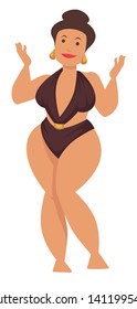 Modelo mais tamanho mulher gordo em traje de banho elegante e brincos de ouro vetor isolado menina personagem feminina em moda moderna traje de banho férias de praia de verão e férias recreação litoral costa
