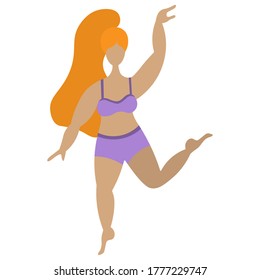Model plus size. Redhead girl dancing. Body positive. Vector stock illustration. Isolated white background. Confident woman in sportswear. Flat style. Love for your body. Lady with a ponytail.