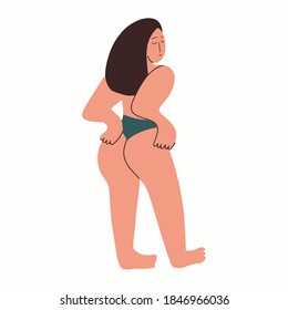 Model Plus size in underwear. A lady with a curvy shape shows off her body. Body positive. Vector flat illustration 
