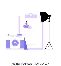 Model Portfolio With Camera And Lighting In Flat Vector Illustration Symbolizing Fashion Photography, Creative Presentation, And Style, Isolated On White Background