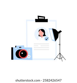 Model Portfolio Preparation In Flat Vector Illustration Symbolizing Professional Photography, Modeling Industry, And Talent Representation, Isolated On White Background.