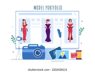 Model Portfolio Template Hand Drawn Cartoon Flat Illustration with Modeling Agency Manager and Photographer take Photos of Model in Platform Design
