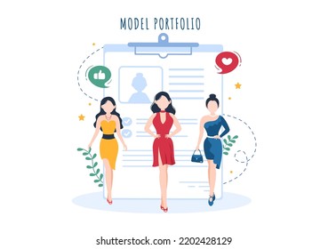 Model Portfolio Template Hand Drawn Cartoon Flat Illustration with Modeling Agency Manager and Photographer take Photos of Model in Platform Design