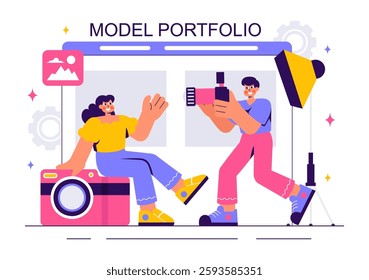 Model Portfolio Vector Illustration featuring a Modeling Agency Manager and a Photographer Taking Photos of a Model on a Platform in a Flat Background