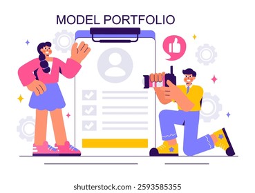 Model Portfolio Vector Illustration featuring a Modeling Agency Manager and a Photographer Taking Photos of a Model on a Platform in a Flat Background