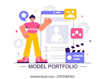 Model Portfolio Vector Illustration featuring a Modeling Agency Manager and a Photographer Taking Photos of a Model on a Platform in a Flat Background