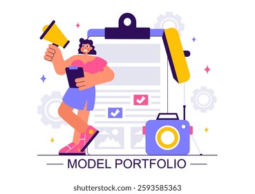 Model Portfolio Vector Illustration featuring a Modeling Agency Manager and a Photographer Taking Photos of a Model on a Platform in a Flat Background