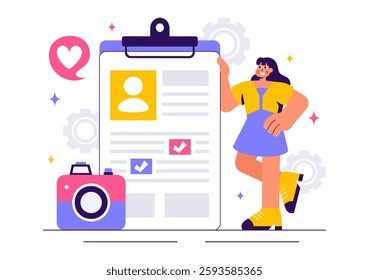 Model Portfolio Vector Illustration featuring a Modeling Agency Manager and a Photographer Taking Photos of a Model on a Platform in a Flat Background