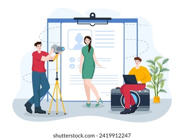 Model Portfolio Vector Illustration with Modeling Agency Manager and Photographer take Photos of Model in Platform Flat Cartoon Background Design