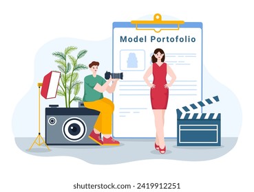 Model Portfolio Vector Illustration with Modeling Agency Manager and Photographer take Photos of Model in Platform Flat Cartoon Background Design