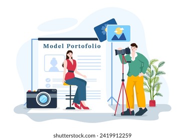 Model Portfolio Vector Illustration with Modeling Agency Manager and Photographer take Photos of Model in Platform Flat Cartoon Background Design