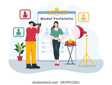 Model Portfolio Vector Illustration with Modeling Agency Manager and Photographer take Photos of Model in Platform Flat Cartoon Background Design