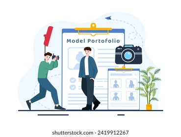 Model Portfolio Vector Illustration with Modeling Agency Manager and Photographer take Photos of Model in Platform Flat Cartoon Background Design