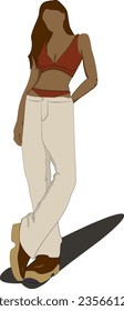 The model poses in a red crop and white pants. Her hair and shoes are brown. It is completely in vector.