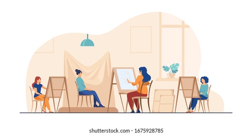 Model Posing For Art Workshop. Artists With Easels Painting From Life. Vector Illustration For Artistic School, Drawing, Class Concept