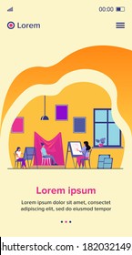 Model posing for art workshop. Artists with easels painting from life. Vector illustration for artistic school, drawing, class concept