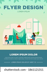 Model posing for art workshop. Artists with easels painting from life. Vector illustration for artistic school, drawing, class concept