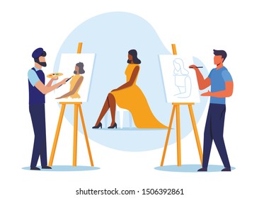 Model Posing for Painters Flat Vector Illustration. Professional Painting Teacher and Gifted Student Cartoon Characters. Talented Men Drawing African American Lady in Dress. Art School Master Class