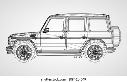 Model of premium frame SUV with a classic design. Vector illustration of a black polygon triangular grid on a gray background.