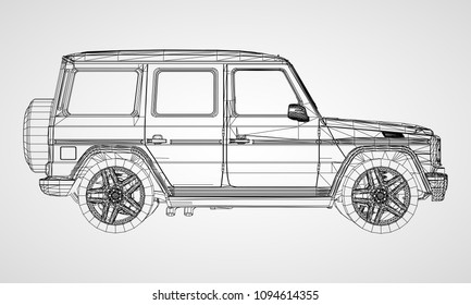 Model of premium frame SUV with a classic design. Vector illustration of a black polygon triangular grid on a gray background.