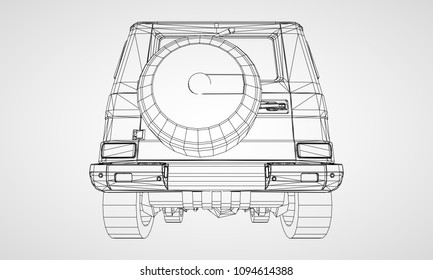Model of premium frame SUV with a classic design. Vector illustration of a black polygon triangular grid on a gray background.