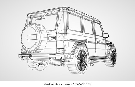 Model of premium frame SUV with a classic design. Vector illustration of a black polygon triangular grid on a gray background.