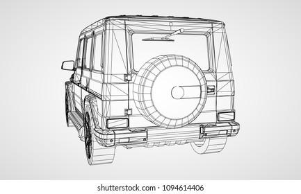Model of premium frame SUV with a classic design. Vector illustration of a black polygon triangular grid on a gray background.