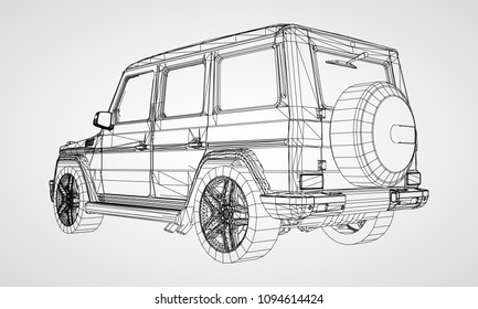 Model of premium frame SUV with a classic design. Vector illustration of a black polygon triangular grid on a gray background.