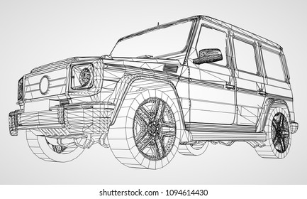 Model of premium frame SUV with a classic design. Vector illustration of a black polygon triangular grid on a gray background.