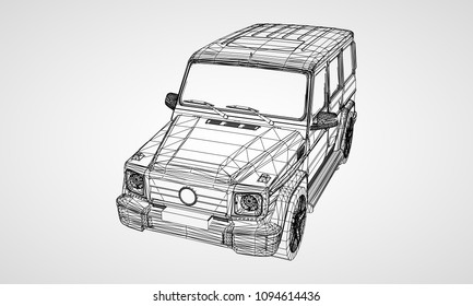 Model of premium frame SUV with a classic design. Vector illustration of a black polygon triangular grid on a gray background.