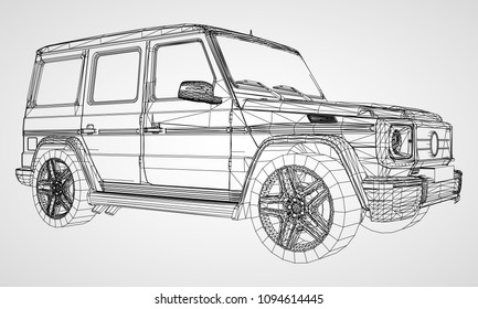 Model of premium frame SUV with a classic design. Vector illustration of a black polygon triangular grid on a gray background.