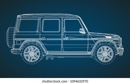 Model of premium frame SUV with a classic design. Vector illustration of a white polygonal triangular grid on a blue background.