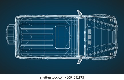 Model of premium frame SUV with a classic design. Vector illustration of a white polygonal triangular grid on a blue background.