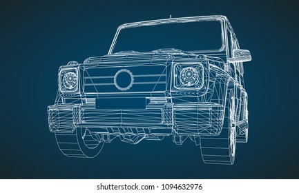 Model of premium frame SUV with a classic design. Vector illustration of a white polygonal triangular grid on a blue background.