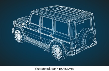 Model of premium frame SUV with a classic design. Vector illustration of a white polygonal triangular grid on a blue background.