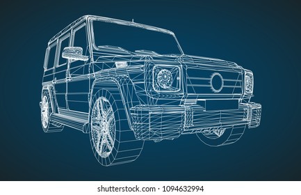 Model of premium frame SUV with a classic design. Vector illustration of a white polygonal triangular grid on a blue background.