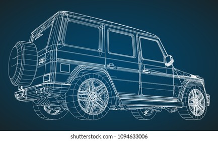 Model of premium frame SUV with a classic design. Vector illustration of a white polygonal triangular grid on a blue background.