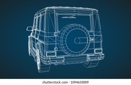 Model of premium frame SUV with a classic design. Vector illustration of a white polygonal triangular grid on a blue background.