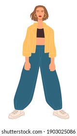 Model presenting stylish and trendy outfit. Isolated teenage girl wearing modern clothes. Baggy trousers, crop top and jacket. Accessories and glamour. Fashion and trends, vector in flat style