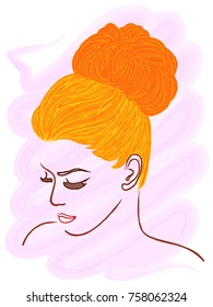 Model with pulling orange hair to the top of the head, hand drawing color vector illustration with brush as a watercolor picture over pink