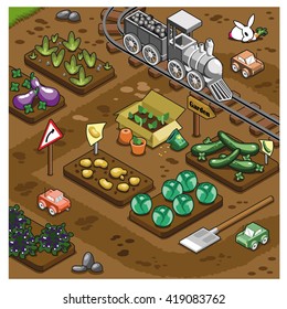 Model railroad on a track layout in a vegetable patch with miniature cars driving around (isometric illustration)