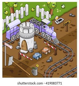 Model railroad on a track layout leading around a tower in a cultivated bed next to an apple garden (isometric view)