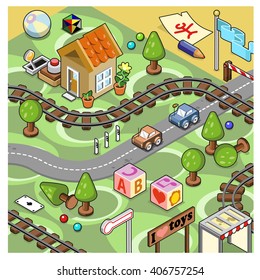 Model railroad track on a carpet with station, toys, miniature cars on street and a little cottage (isometric illustration)