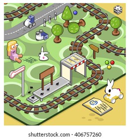 Model railroad track on a carpet with railroad station, toys and miniature street (isometric view)