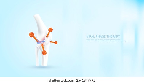 Model red bacteriophage on knee joint bone. Phage therapy or phagotherapy. Virus affects destroys harmful bacterial cell human internal. Medical science research and analysis. Banner vector EPS10.