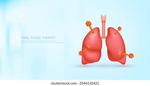 Modelo de bacteriófago rojo en el pulmón. Fagoterapia o fagoterapia. El virus afecta y destruye las células bacterianas dañinas internas del ser humano. Investigación y análisis de ciencias médicas. Anuncio Vector EPS10.