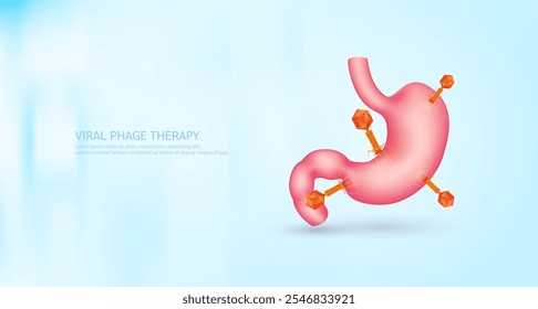 Modelo de bacteriófago rojo en el estómago. Fagoterapia o fagoterapia. El virus afecta y destruye las células bacterianas dañinas internas del ser humano. Investigación y análisis de ciencias médicas. Anuncio Vector EPS10.